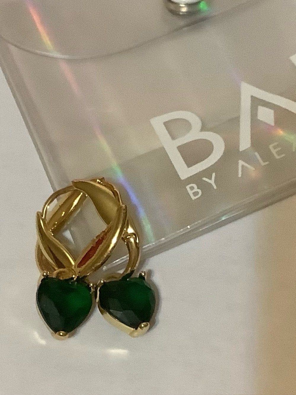 Gold Heart Drop Hoop Earrings with Emerald  Hearts